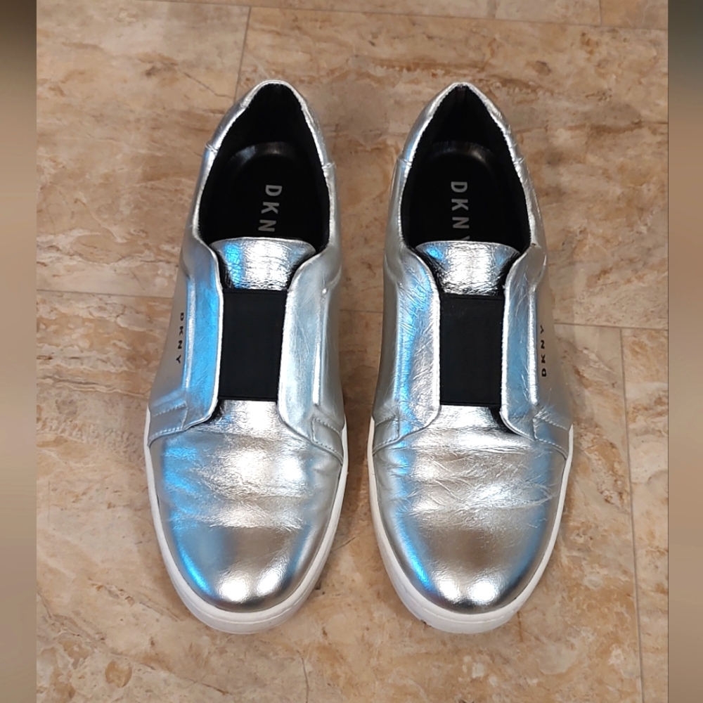 DKNY Leather Silver Slip-On Sneakers